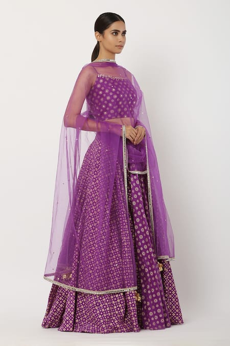 Seema Nanda_Purple Chanderi Silk, Lining Cotton Mul Motifs Square Printed Lehnga Set _Online_at_Aza_Fashions
