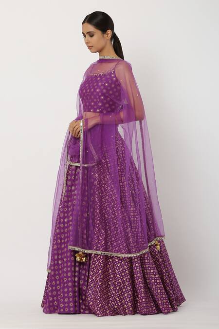 Buy_Seema Nanda_Purple Chanderi Silk, Lining Cotton Mul Motifs Square Printed Lehnga Set _Online_at_Aza_Fashions