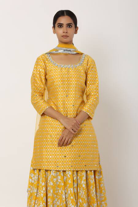 Shop Seema Nanda Yellow Chanderi Silk, , Lining U Neck Kurta Lehenga Set Online at Aza Fashions Shop_Seema Nanda_Yellow Chanderi Silk, , Lining U Neck Kurta Lehenga Set _Online_at_Aza_Fashions