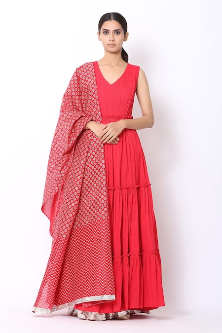 Seema Nanda Red Chanderi Silk, , Lining V Tiered Anarkali With Dupatta