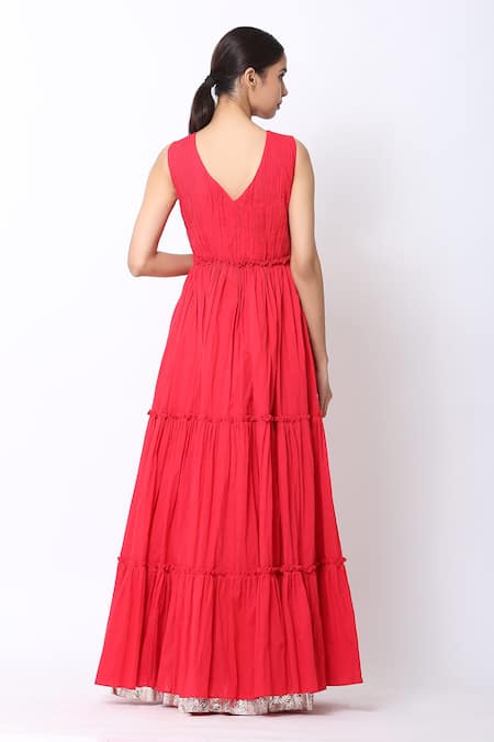 Shop Seema Nanda Red Chanderi Silk, , Lining V Tiered Anarkali With Dupatta at Aza Fashions Shop_Seema Nanda_Red Chanderi Silk, , Lining V Tiered Anarkali With Dupatta_at_Aza_Fashions