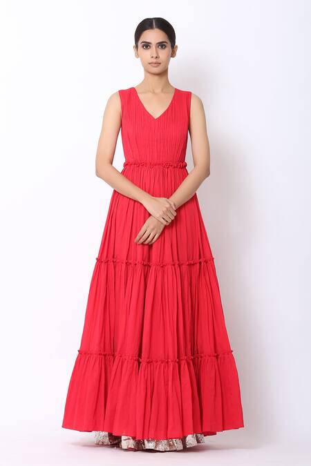 Buy Seema Nanda Red Chanderi Silk, , Lining V Tiered Anarkali With Dupatta Online at Aza Fashions Buy_Seema Nanda_Red Chanderi Silk, , Lining V Tiered Anarkali With Dupatta_Online_at_Aza_Fashions