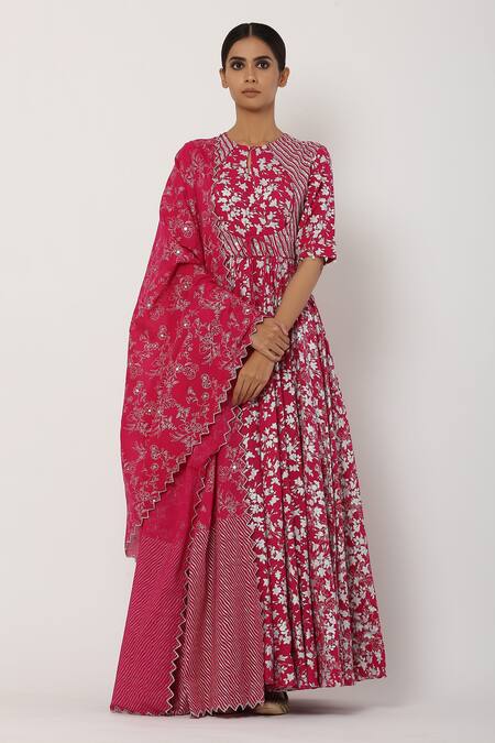 Buy_Seema Nanda_Pink , Lining Floral Motifs Round Anarkali With Dupatta_Online_at_Aza_Fashions