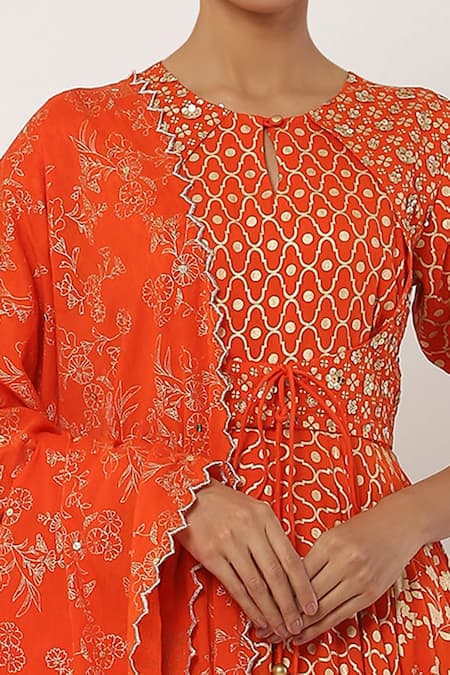 Seema Nanda_Orange , Lining Floral Motifs Round Anarkali With Dupatta _at_Aza_Fashions