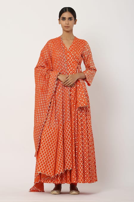 Seema Nanda Orange , Lining V Neck Angarkha Set