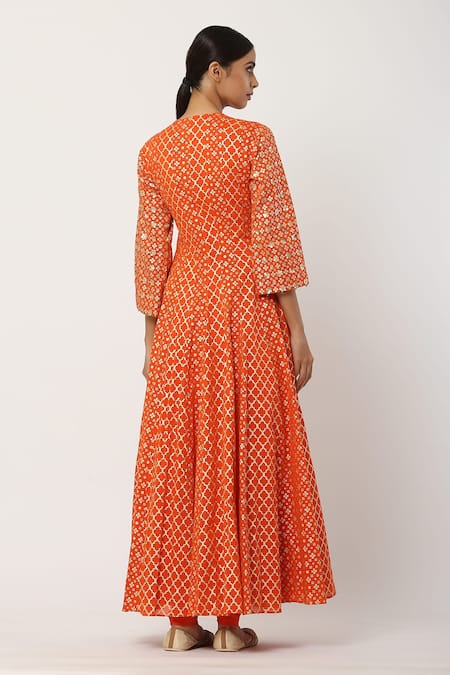 Shop Seema Nanda Orange , Lining V Neck Angarkha Set at Aza Fashions Shop_Seema Nanda_Orange , Lining V Neck Angarkha Set_at_Aza_Fashions