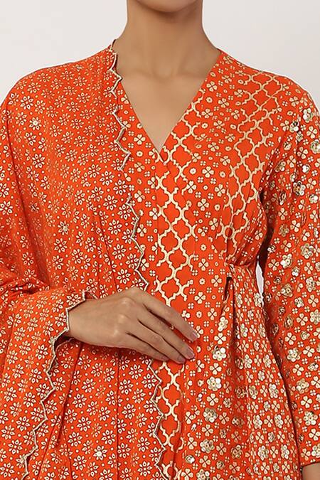 Seema Nanda Orange , Lining V Neck Angarkha Set at Aza Fashions Seema Nanda_Orange , Lining V Neck Angarkha Set_at_Aza_Fashions