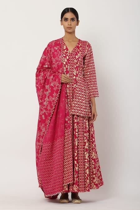 Seema Nanda Pink , Lining V Neck Printed Angarkha Set