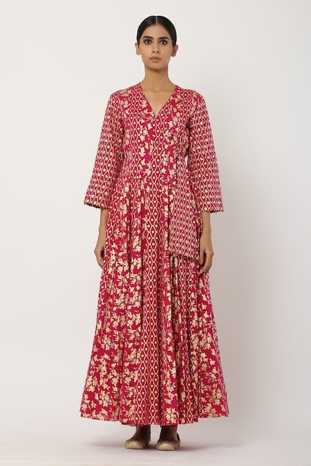 Buy_Seema Nanda_Pink , Lining V Neck Printed Angarkha Set _Online_at_Aza_Fashions