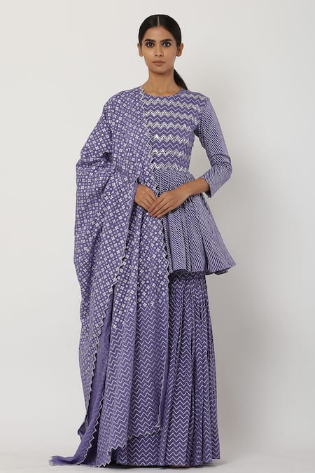 Seema Nanda Purple , Lining Striped Motif Round Peplum Sharara Set