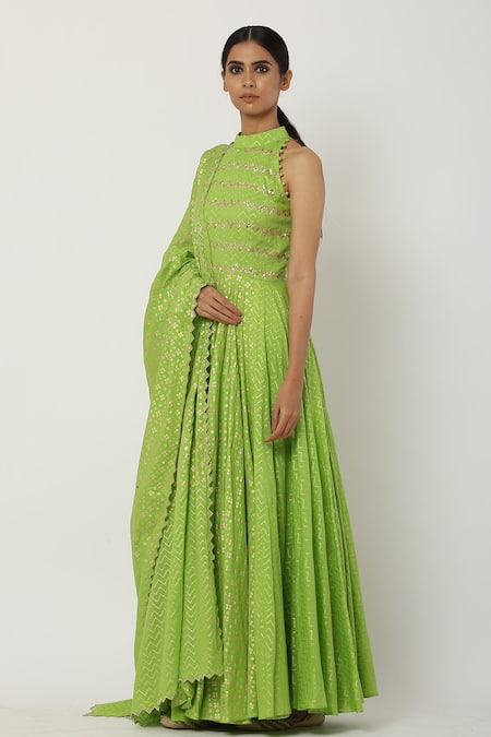 Shop Seema Nanda Green , Lining Halter Neck Anarkali With Dupatta Online at Aza Fashions Shop_Seema Nanda_Green , Lining Halter Neck Anarkali With Dupatta_Online_at_Aza_Fashions
