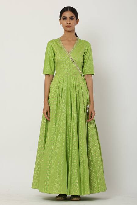 Seema Nanda Green , Lining V Neck Overlap Anarkali Set Online at Aza Fashions Seema Nanda_Green , Lining V Neck Overlap Anarkali Set_Online_at_Aza_Fashions