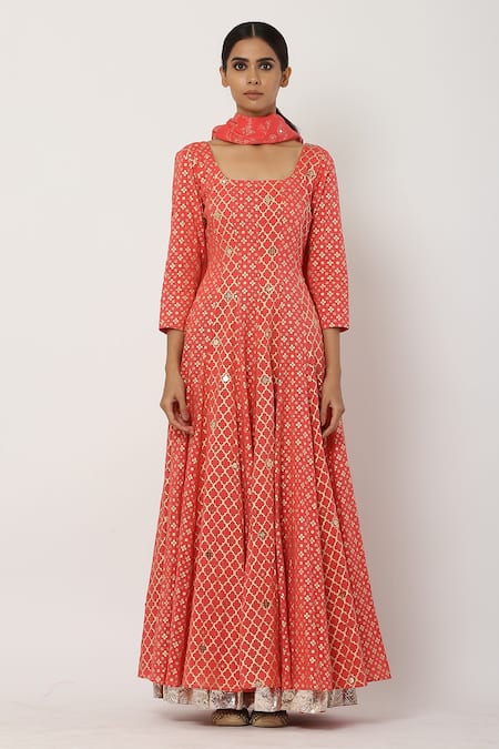 Seema Nanda_Peach , Lining Halter Anarkali With Dupatta_Online_at_Aza_Fashions