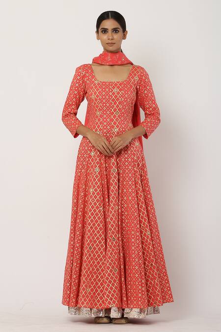 Buy_Seema Nanda_Peach , Lining Halter Anarkali With Dupatta_Online_at_Aza_Fashions