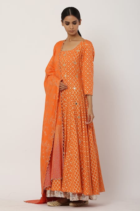 Seema Nanda_Orange , Lining Halter Anarkali With Dupatta_Online_at_Aza_Fashions