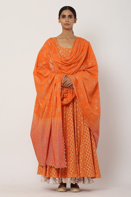 Buy_Seema Nanda_Orange , Lining Halter Anarkali With Dupatta_Online_at_Aza_Fashions