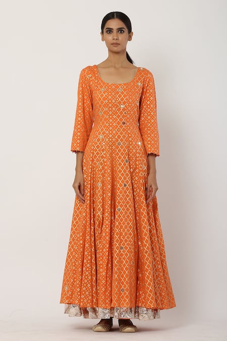 Shop_Seema Nanda_Orange , Lining Halter Anarkali With Dupatta_Online_at_Aza_Fashions