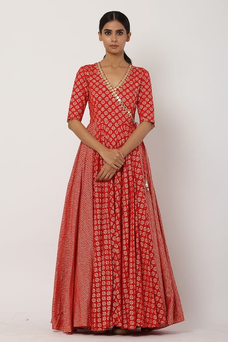 Buy_Seema Nanda_Red , Lining V Neck Overlapped Anarkali Set _Online_at_Aza_Fashions