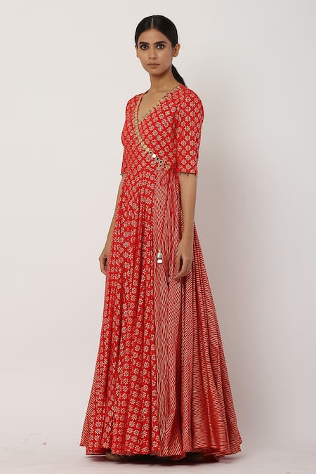 Shop_Seema Nanda_Red , Lining V Neck Overlapped Anarkali Set _Online_at_Aza_Fashions