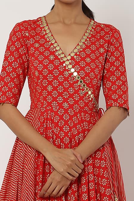 Seema Nanda_Red , Lining V Neck Overlapped Anarkali Set _at_Aza_Fashions