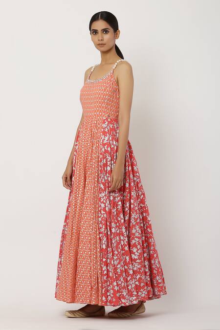 Buy_Seema Nanda_Peach , Lining Round Beaded Strap Anarkali With Dupatta_Online_at_Aza_Fashions