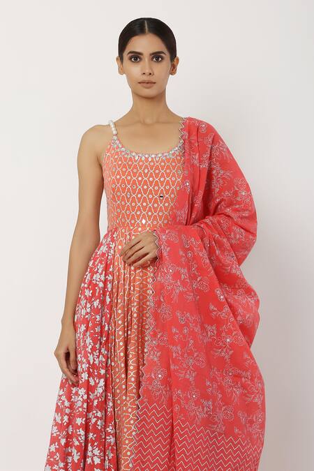 Shop_Seema Nanda_Peach , Lining Round Beaded Strap Anarkali With Dupatta_Online_at_Aza_Fashions