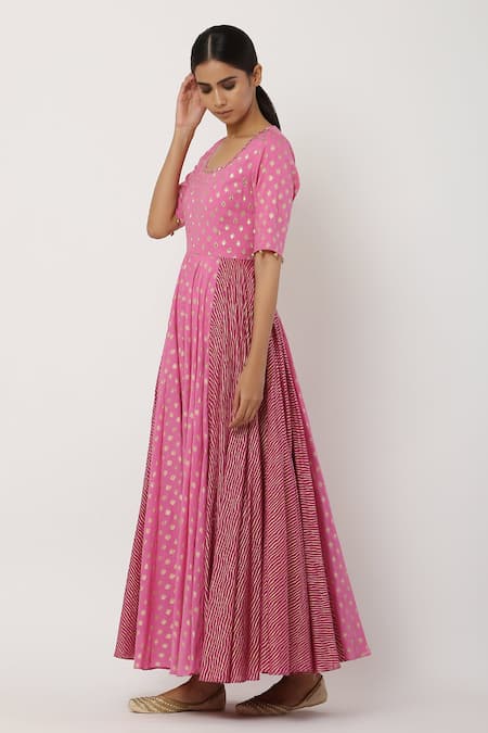 Shop_Seema Nanda_Pink , Lining U Neck Anarkali With Ombre Dupatta_Online_at_Aza_Fashions
