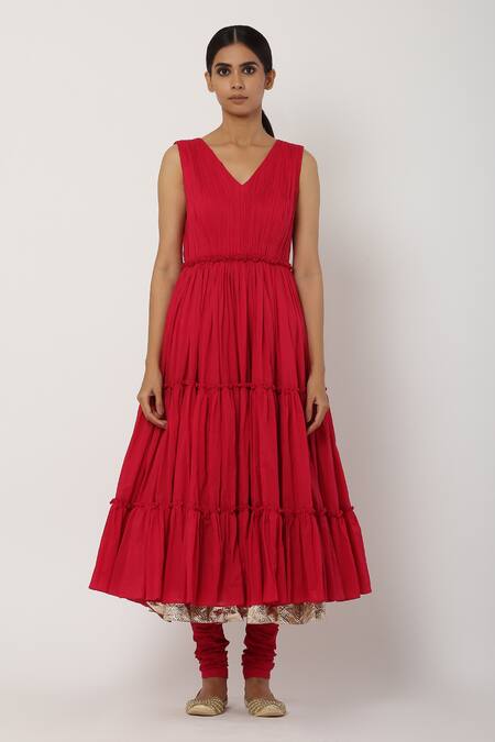 Seema Nanda_Red Chanderi Silk, , Lining V Neck Tiered Anarkali Set_Online_at_Aza_Fashions
