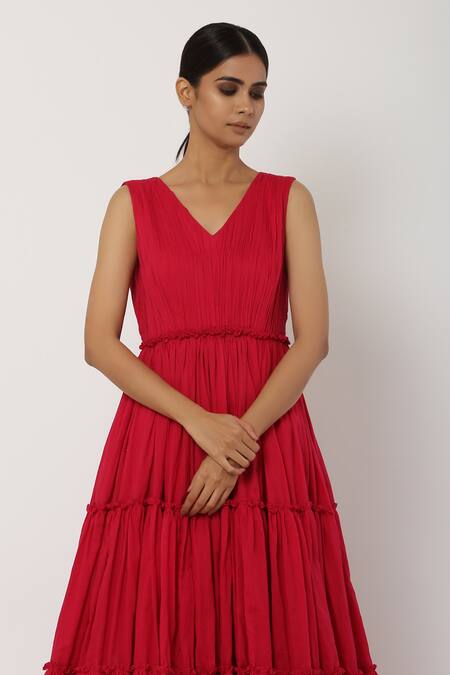 Shop_Seema Nanda_Red Chanderi Silk, , Lining V Neck Tiered Anarkali Set_Online_at_Aza_Fashions