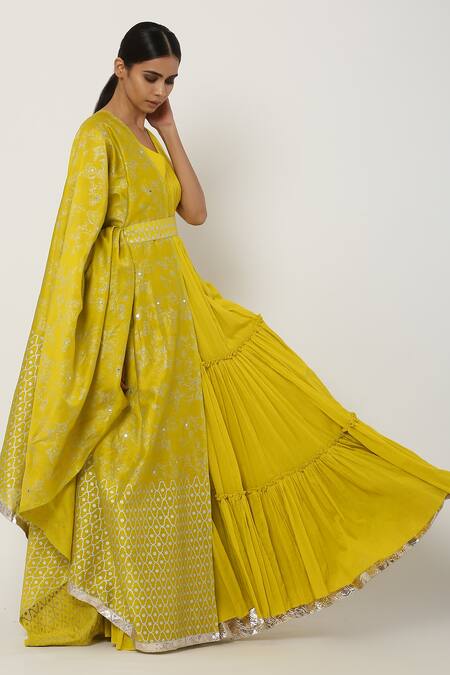 Seema Nanda_Yellow Chanderi Silk, Mul, Lining Tiered Anarkali With Dupatta_Online_at_Aza_Fashions