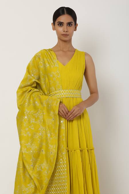 Shop_Seema Nanda_Yellow Chanderi Silk, Mul, Lining Tiered Anarkali With Dupatta_Online_at_Aza_Fashions