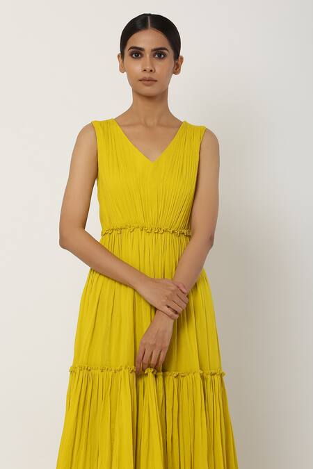 Seema Nanda_Yellow Chanderi Silk, Mul, Lining Tiered Anarkali With Dupatta_at_Aza_Fashions