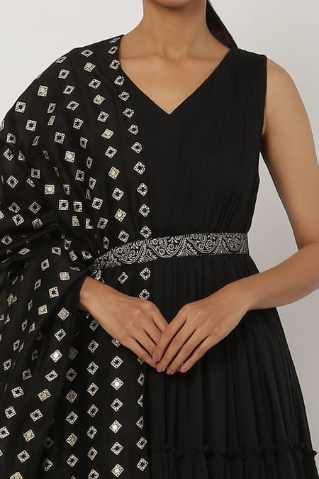 Shop_Seema Nanda_Black Chanderi Silk, , Lining V Neck Tiered Anarkali Set_Online_at_Aza_Fashions