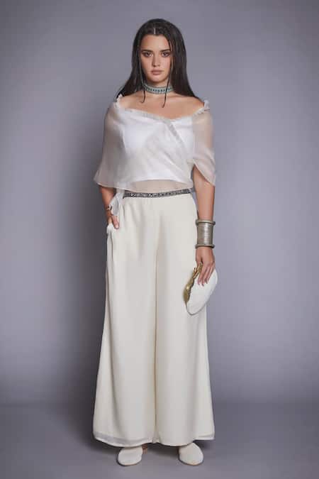 Jade By Monica & Karishma White Crepe Silk Wide Neck Organza Top And Pant Set  