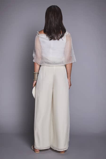 Shop Jade By Monica & Karishma White Crepe Silk Wide Neck Organza Top And Pant Set at Aza Fashions Shop_Jade By Monica & Karishma_White Crepe Silk Wide Neck Organza Top And Pant Set _at_Aza_Fashions