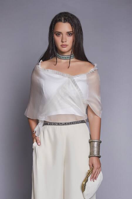 Jade By Monica & Karishma White Crepe Silk Wide Neck Organza Top And Pant Set Online at Aza Fashions Jade By Monica & Karishma_White Crepe Silk Wide Neck Organza Top And Pant Set _Online_at_Aza_Fashions