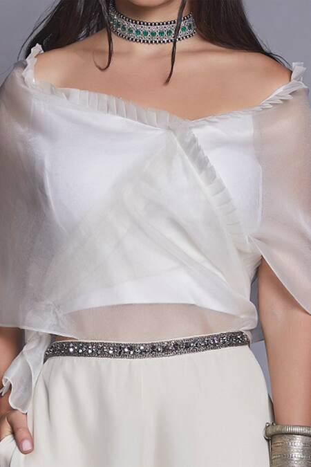 Shop Jade By Monica & Karishma White Crepe Silk Wide Neck Organza Top And Pant Set Online at Aza Fashions Shop_Jade By Monica & Karishma_White Crepe Silk Wide Neck Organza Top And Pant Set _Online_at_Aza_Fashions