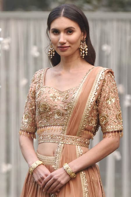 Shop_Shyam Narayan Prasad_Pink Brocade, Organza Embroidery, Tassels, Zari Sweetheart Tiered Lehenga Set _Online_at_Aza_Fashions