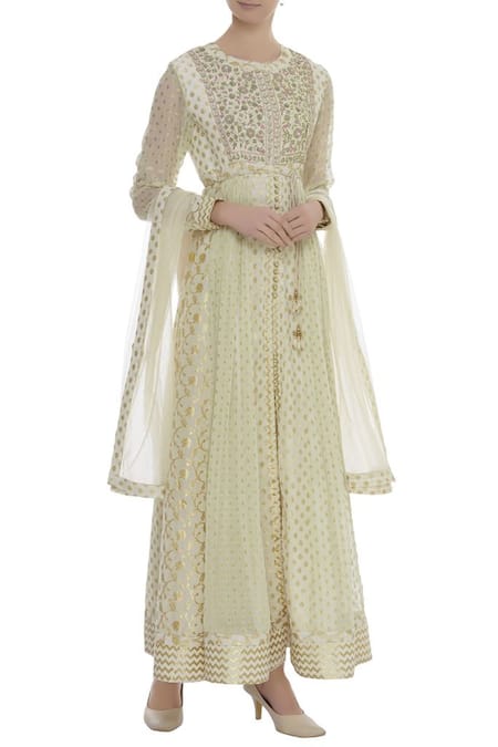 Buy_Shyam Narayan Prasad_White Dupion Silk, Viscose Georgette Round Embroidered Anarkali With Dupatta _Online_at_Aza_Fashions