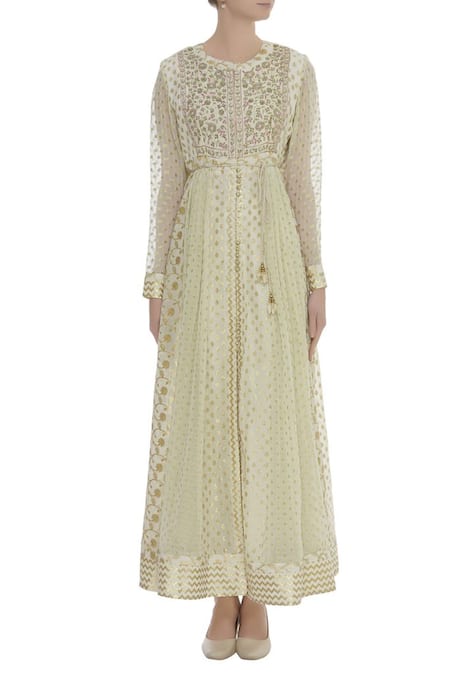 Shyam Narayan Prasad_White Dupion Silk, Viscose Georgette Round Embroidered Anarkali With Dupatta _Online_at_Aza_Fashions