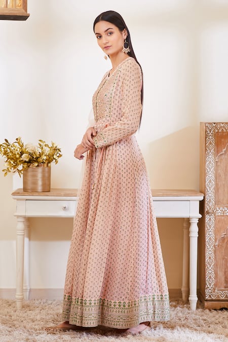 Shop Shyam Narayan Prasad Pink Silk Round Embroidered Anarkali Set Online at Aza Fashions Shop_Shyam Narayan Prasad_Pink Silk Round Embroidered Anarkali Set _Online_at_Aza_Fashions