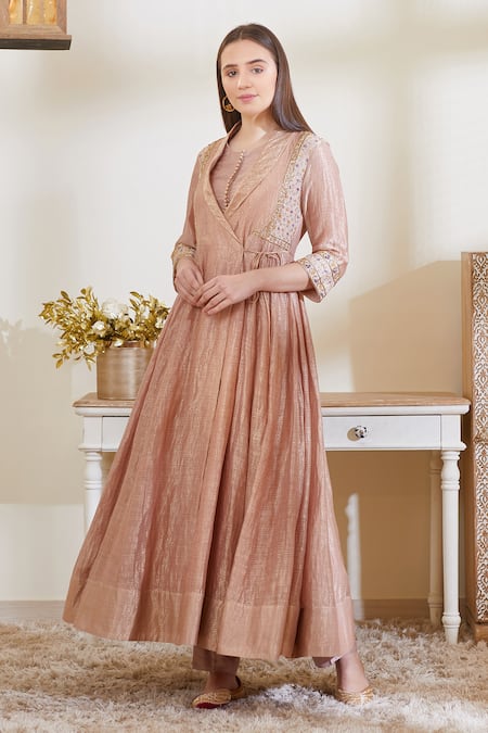 Shop_Shyam Narayan Prasad_Pink Chanderi Silk Anarkali Set _Online_at_Aza_Fashions