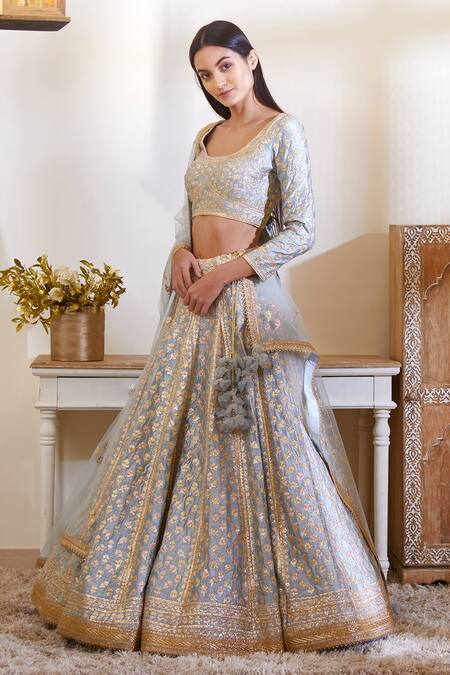 Buy_Shyam Narayan Prasad_Blue Silk, Viscose Round Embellished Lehenga Set _Online_at_Aza_Fashions