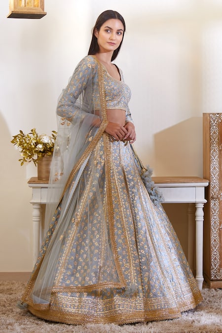 Shyam Narayan Prasad_Blue Silk, Viscose Round Embellished Lehenga Set _Online_at_Aza_Fashions