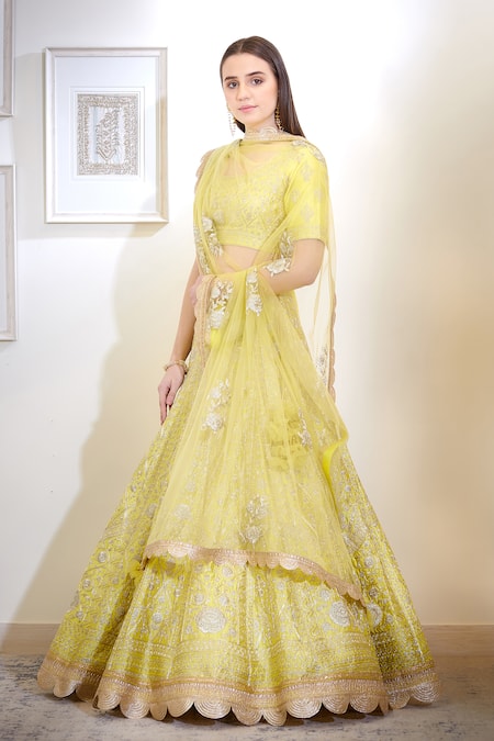 Buy_Shyam Narayan Prasad_Yellow Silk, Viscose Round Embellished Lehenga Set _Online_at_Aza_Fashions