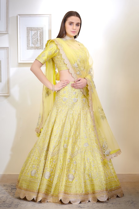 Shyam Narayan Prasad_Yellow Silk, Viscose Round Embellished Lehenga Set _Online_at_Aza_Fashions