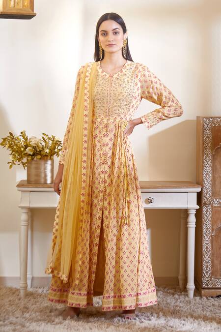 Shyam Narayan Prasad_Yellow Silk Printed Anarkali Set_Online_at_Aza_Fashions