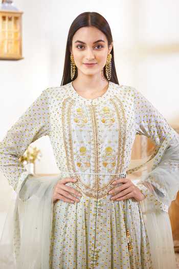 Shyam Narayan Prasad_Green Silk, Flat Chiffon, Satin Georgette Round Anarkali Set _at_Aza_Fashions