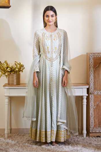 Shyam Narayan Prasad_Green Silk, Flat Chiffon, Satin Georgette Round Anarkali Set _Online_at_Aza_Fashions