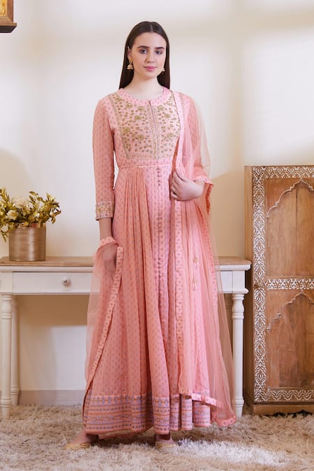 Buy_Shyam Narayan Prasad_Peach Silk Round Anarkali Set _Online_at_Aza_Fashions